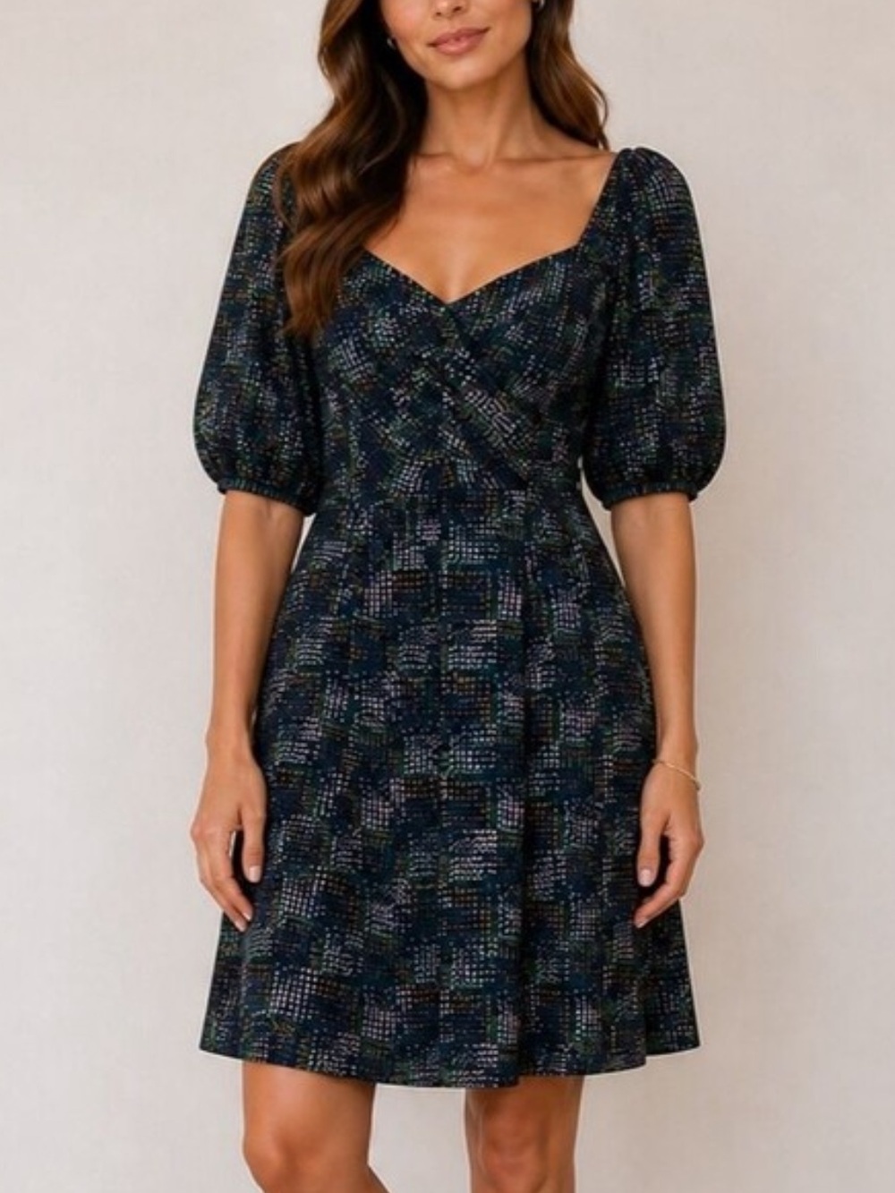CAbi Elaine Geometric Puff Sleeve Smocked Midi Dress